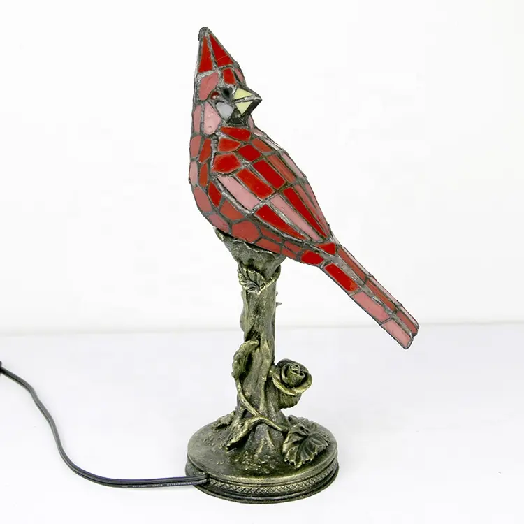 Маленькая Винтажная настольная лампа LongHuiJing в стиле Тиффани из витражного стекла с красным кардиналом, декоративные настольные лампы с птицами для домашнего декора