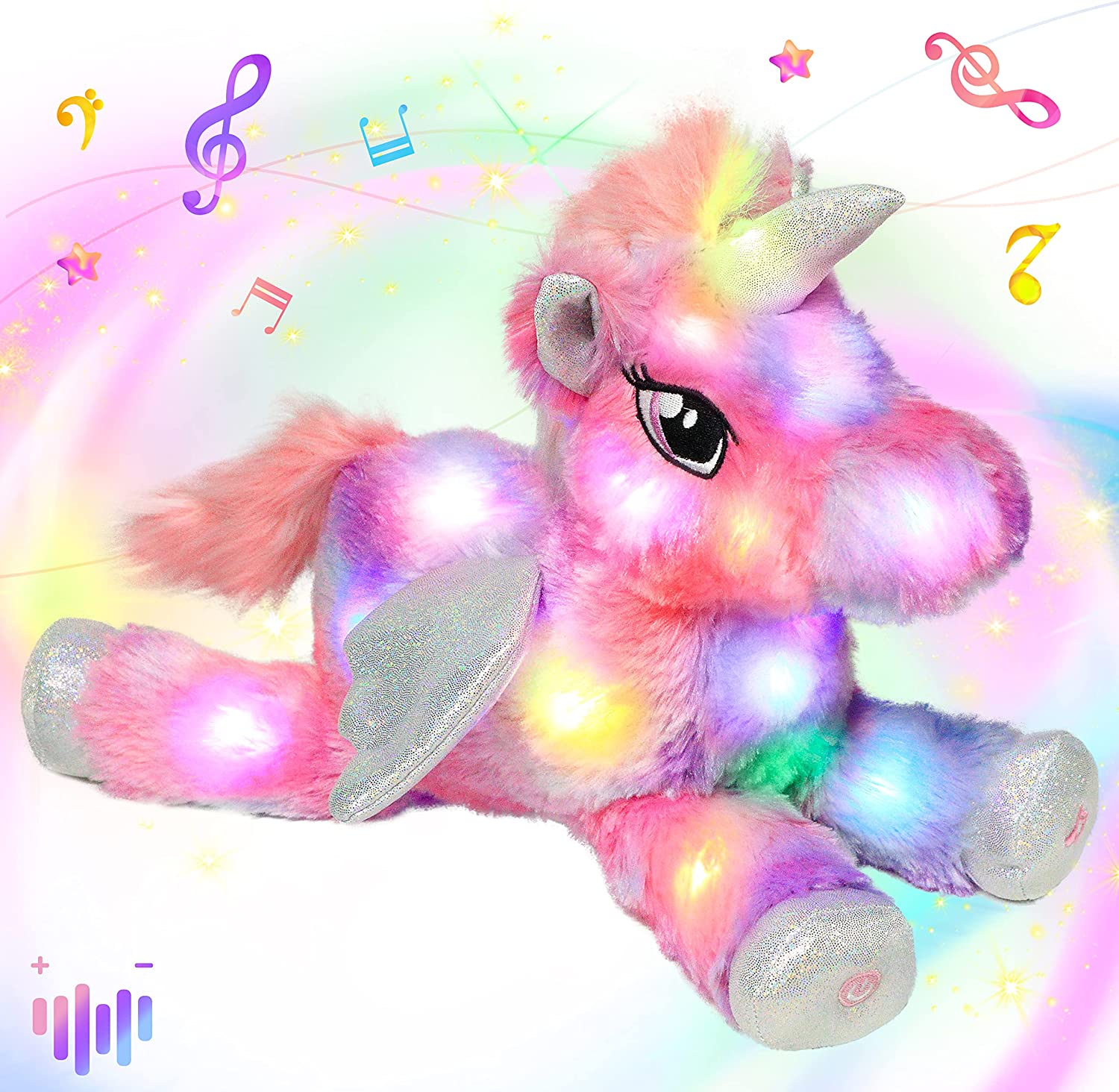 Colorful LED Musical Stuffed Unicorn Light up Singing Plush Toy Adjustable Volume Lullaby Animated Soothe Birthday Festival