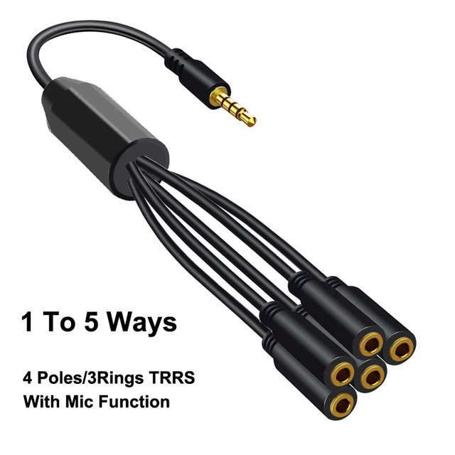Gold-Plated 3.5mm Headphone Audio Stereo Splitter 1 to 5 Ways TRS 3 Poles or TRRS 4 Poles Male to 5 Female Extension Cable