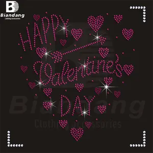 Custom Bling Valentine Day Crystal Hot Fix Heart Shaped Rhinestones Transfers for Hoodies and T Shirt