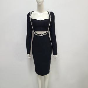 Yeni yaz kadın siyah uzun kollu lüks elmas Hollow sıkı ve seksi ünlü kokteyl parti bandaj elbiseler - Product Image 2