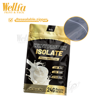 Sachet refermable à fond plat en aluminium avec fermeture à quatre soudures, 1 kg de poudre protéinée, résistant à l'humidité, barrière à l'oxygène, logo personnalisé