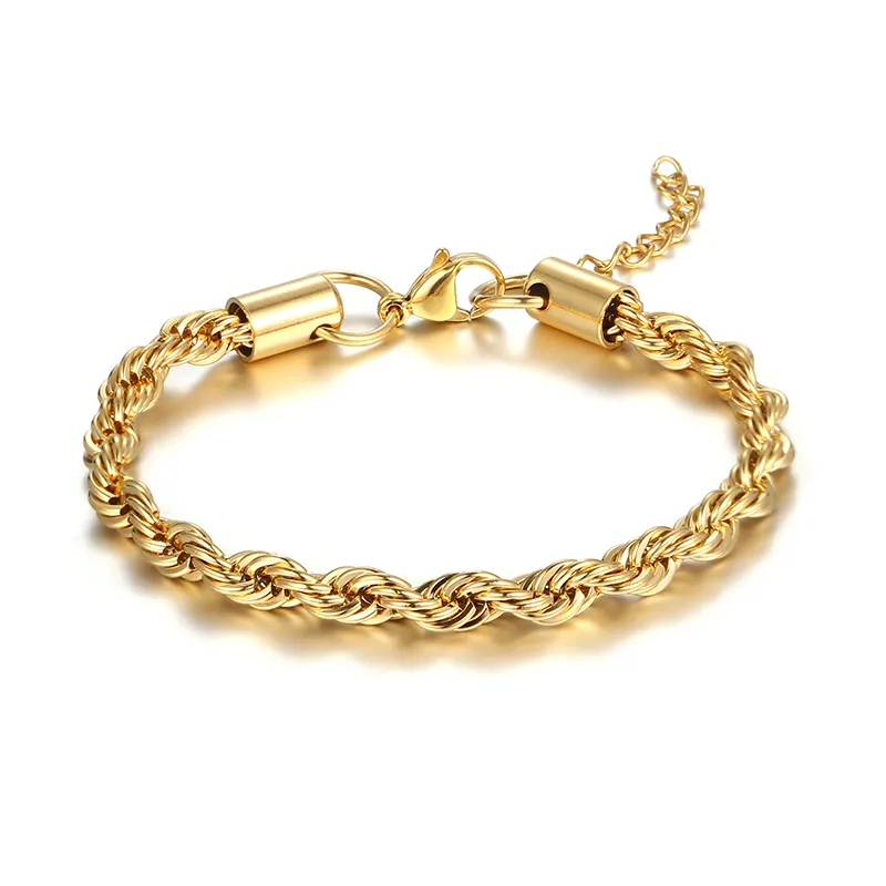 Wholesale Custom PVD 18K Gold Plated Stainless Steel Jewelry 5MM Thick Woven Twisted Rope Chain Bracelet Women