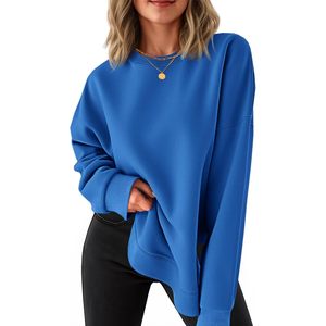 Fisoew Women's Crewneck Sweatshirt Long Sleeve Drop Shoulder Loose Fit With Pockets <b>Navy</b> Blue Casual <b>Top</b> - Product Image 1