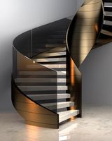 Escalier Circulaire Contemporain en Acier et Bois pour Villa Moderne avec Verre Courbé et Rampe Métallique