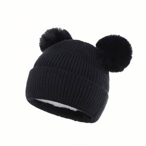 Children Warm Knitted Beanie <b>Hat</b> with 2 Pom Pom <b>Winter</b> for Kids and Baby 3D Embroidery Image Style 100% Acrylic Business Use - Product Image 5