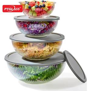 Pyglass 8 bols à mélanger en verre nervuré avec couvercles hermétiques étanches - Sans BPA Préparation des repas Empilables Gain de place Emboîtables. - Product Image 1