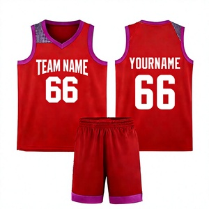 Conjunto de camiseta de baloncesto personalizada para adultos, cuello en V rojo, sin mangas, 100% poliéster, sublimada, que absorbe la humedad, nombre del equipo 66 - Product Image 1