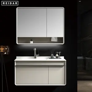 Mobile da bagno in compensato di lusso Set completo in legno massello a parete singolo lavabo bagno vanità con specchio intelligente