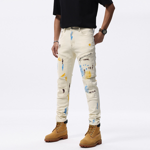 Pantalones Vaqueros Ajustados de Hombre Estilo Retro Americano con Graffiti de Motocicleta, Elásticos, con Parches, a la Moda, Juveniles, Hip Hop - Product Image 2