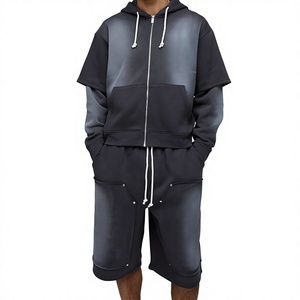 High Quality Custom Heavy Weight <b>Knitted</b> Breathable Zip-Up Solid Winter Streetwear Hoodie Shorts <b>Set</b> Men's 100% Cotton OEM - Product Image 1
