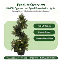 Künstlicher Zypressen-Spiralbaum mit LED-Lichtern H64cm Künstliche Grüne Topfpflanze für Heim Weihnachten Hochzeit Party Garten Veranda Dekoration
