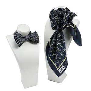 Hot Selling Silk Printed Navy Blue Custom Logo Stripes Pattern High Quality Self Tie Bow Tie Women Gift Scarf Set