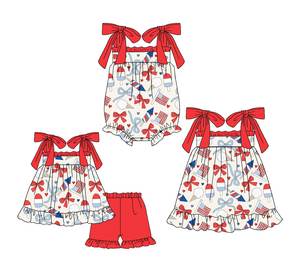 Conjunto de ropa informal de algodón para niños con estampado personalizado de la bandera de EE. UU. del 4 de julio, que incluye pantalones cortos, lazos, vestidos y peleles para bebé, con diseño a juego para hermanas. - Product Image 1