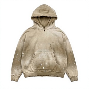 Sudadera con capucha beige desgastada para hombre, estilo oversize, de forro polar, lavada, tipo jersey, fabricación de ropa personalizada al por mayor - Product Image 1