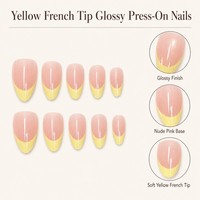 Y72 Kaixin Faux ongles à presser, forme amande moyenne, jaune doux, base rose nude, avec bordure française, pour usage intérieur, fournitures pour ongles