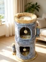 Tour pour chat en forme de baril mignonne à 2 niveaux avec poteaux à gratter en forme de cactus et perchoir supérieur en peluche douce pour petits chats d'intérieur
