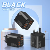 Chargeur multi-ports 240W au nitrure de gallium (GaN) le plus vendu à l'international, 4 ports USB + 4 ports USB-C, prises EU/US/UK, charge rapide PD3.0