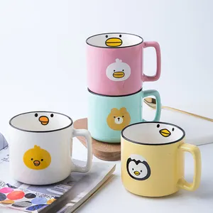 Top seller cute ceramic mug Korean 12 oz breakfast milk coffee mug animals decals logo enamel cup with square handle