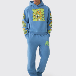 Conjunto de Sudadera con Capucha Azul para Hombre, Corte Holgado, Forro Polar, Estampado de Dibujos Animados, Ropa Deportiva con Bolsillo, para Otoño - Product Image 1