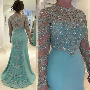 Strass frisado apliques Mãe da noiva vestidos Mint Green Mermaid Wedding Dress Sparkly manga comprida vestidos de festa formais