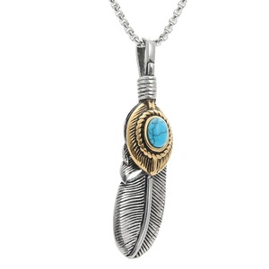 Pendentif plume en acier inoxydable avec pierre turquoise, collier pour homme, style punk rétro, ton argent et or - Product Image 5