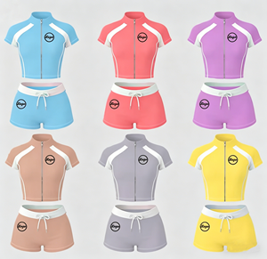 Ensemble 2 pièces Y2K pour femmes avec logo personnalisé, haut court zippé à col montant et bloc de couleurs, short à taille haute et à cordon de serrage, streetwear - Product Image 1