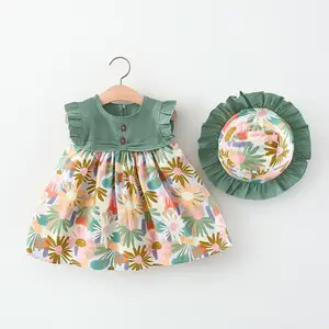 Summer Newborn Baby Clothes Infant Girl Clothes Flower Print Sleeveless Cotton Beach Dress+Sunhat Princess Dresses