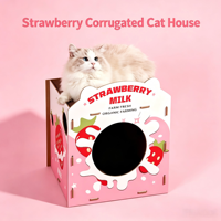 Grande maison pour chat en carton ondulé à deux étages, imprimée fraises, résistante à l'usure, avec griffoir et lit, pour plusieurs chats