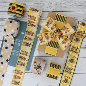 2.5 Inch Spring Summer Animals Ribbon Yellow Stripe Gingham Dot Honey Bee Wired Edge Ribbon For Wrapping Bows Gift Ornaments