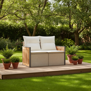 Canapé de jardin, mobilier d'extérieur, deux places, beige, rotin PE, coussin en mousse haute densité, design contemporain - Product Image 2