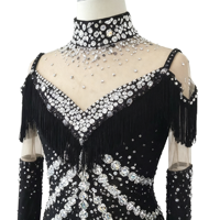 Robe de patinage artistique noire à franges, col montant, ornée de strass faits à la main, pour adultes et enfants, pour compétition et spectacle de danse sur glace