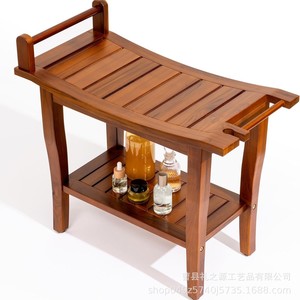 The Source Of Etiquette Tabouret de salle de bain en bois massif 24 pouces, siège de douche double couche avec accoudoirs et étagère de rangement - Product Image 5