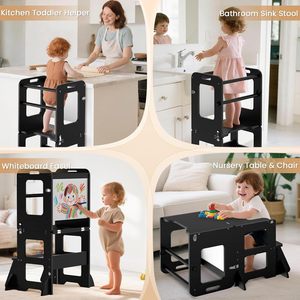 Tabouret de cuisine 4-en-1 pour tout-petits, tour d'apprentissage avec tableau blanc, tabouret d'aide en bois pour enfants - Product Image 6