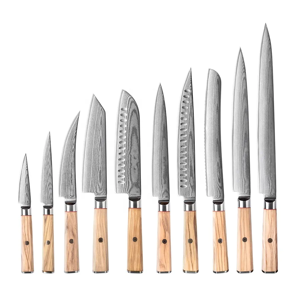 Set di coltelli da cucina di alta qualità coltello damasco AUS-10V nucleo in acciaio 67 strati Set di coltelli a lama con manico in legno d'ulivo