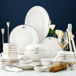 Prato de porcelana branca redonda dourado, pratos e tigelas, conjunto de talheres de china osso, louça de jantar, pratos para restaurante e hotel