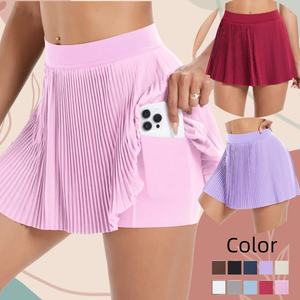 高品质透气二合一打褶实心高腰轻质防晒网球裙，口袋内有短裤 - Product Image 1