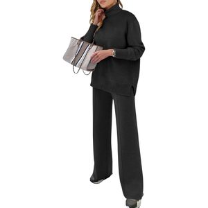 Ensemble de vêtements en maille pour femmes FOXA, 2 pièces, haut à col roulé, pantalon large, tenue décontractée pour l'automne, ensemble assorti confortable - Product Image 1