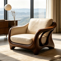 Fauteuil d'appoint en bois massif courbé Art Hollow, revêtement en cuir beige, fauteuil individuel pour villa, salon, mobilier de maison