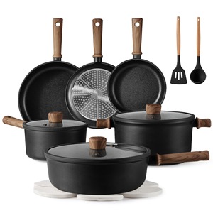 Non-Stick Cookware Set With <b>Pans</b> Pots Lids Wooden <b>Handles</b> Oven Safe For Kitchen Cooking - Product Image 1