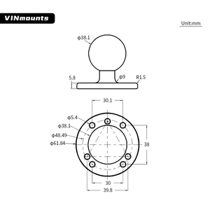 Base de bola redonda de tamaños C de 1,5 pulgadas para monturas de vehículos GPS con patrón de orificio de AMPS estándar VIN-C-003 - Product Image 3