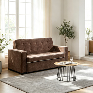 Canapé-lit moderne en daim marron avec coussin capitonné et bordure blanche, structure métallique robuste, design double usage, idéal pour les petites familles - Product Image 2