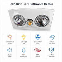 Chauffe-eau de salle de bain compact 3-en-1 à montage au plafond avec lampe chauffante, lumière LED et ventilateur d'extraction, chauffe-eau infrarouge pour salle de bain IPX4 SAA CE UL