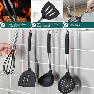 Ensemble d'ustensiles de cuisine en silicone gris foncé : spatule, passoire, cuillère, louche, durable, résistant à la chaleur, compatible lave-vaisselle - Product Image 6
