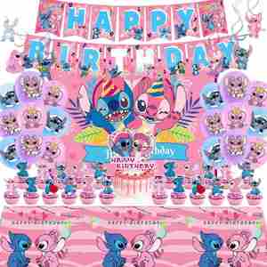 New Cross-Border Pink <strong>Stitch</strong> Theme Background <strong>Party</strong> <strong>Decoration</strong> Children's Birthday Paper Banner Cake Topper Balloon Set Digital - Product Image 5