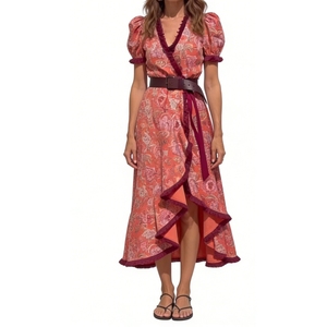 Abito lungo da donna con scollo a V e stampa floreale, stile bohémien-chic per le vacanze, con volant asimmetrici - Sehe Fashion - Product Image 5