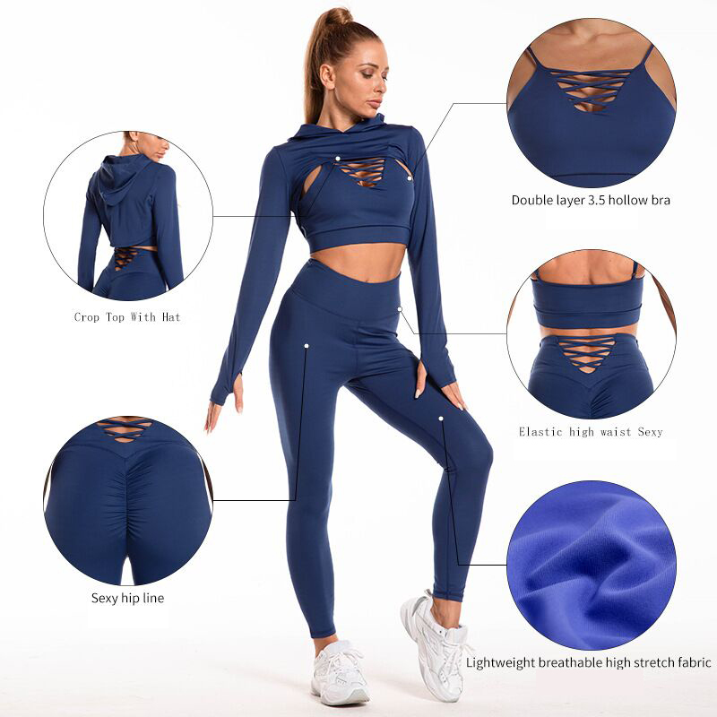 JSN931003 Gym Suit Women's Quick Drying Peach Buttocks Yoga Pants Long Sleeve Top With Hat Three-piece Set