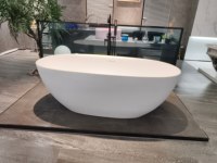 Baignoire confortable en pierre artificielle, surface solide, design autoportant - Moderne, pour salle de bain intérieure, forme ovale, beige mat, 50-59 gallons