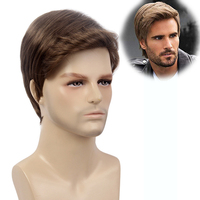 Frange latérale brune pour hommes matures européens et américains légèrement bouclés à la mode casque tout match perruque invisible garçons cheveux courts