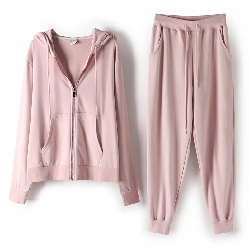 2022 autumn new zipper hooded sweater women's suit pink sportswear casual two-piece set